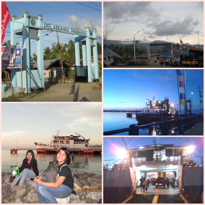 CW(clockwise): Gate of Pagimana Port, Fisherman Villages, The Ship, Inside the Ship Hull, Take A rest after heart-beating 2.5 hours driving from Uso 