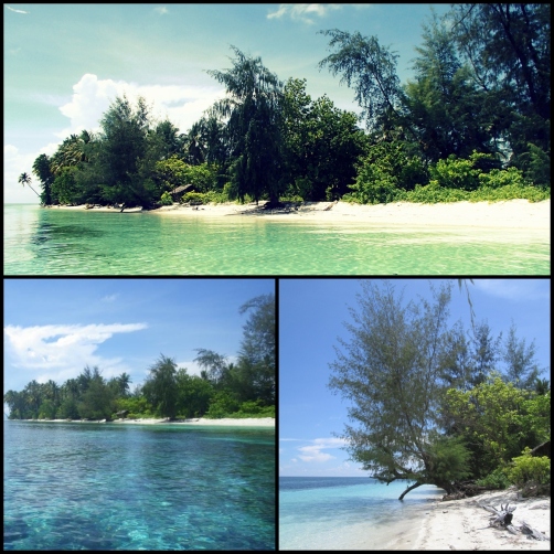 The unhabitant Sasumpuan Island. This Island is obviously pretty green and shady. White sandy beach. The blue sky. Beautifully stunning landscape it is. Photo by Hori, Wang, and krishna
